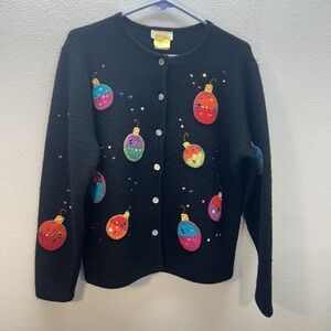 Vtg Talbots Sz M Holiday Winter Cardigan Sweater 100% Wool Christmas Ornaments